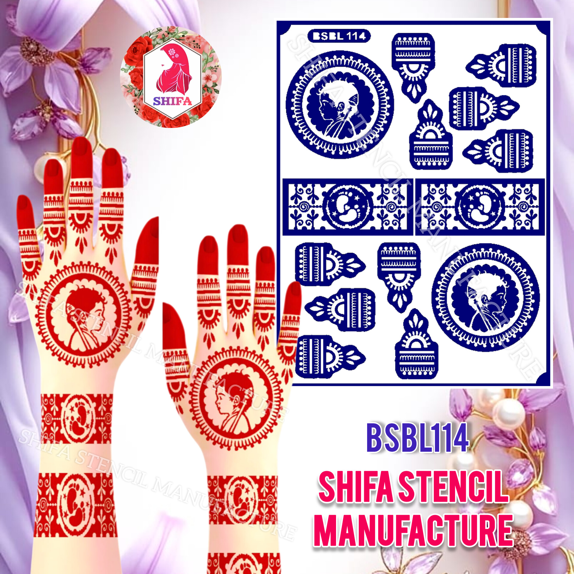 BSBL 114 Murugar & Tiny Footprint Themed Design Sticker Overview  Henna Stencil - Shifa Stencil